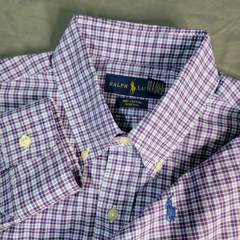 Ralph Lauren Button Down Shirt Mens Medium Purple Plaid LS Cotton Stretch EUC
